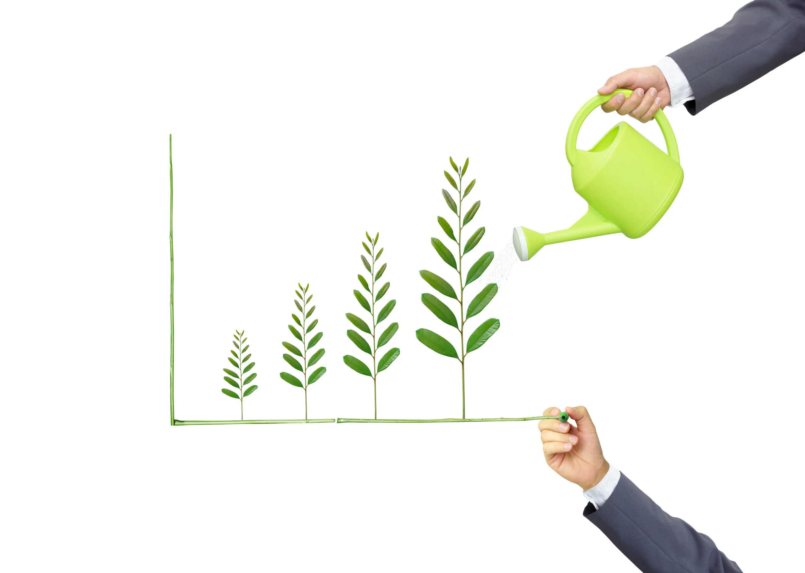 Een hand van een werknemer giet water over groeiende plantjes die samen een oplopende groeigrafiek vormen als symbool voor duurzame groei.